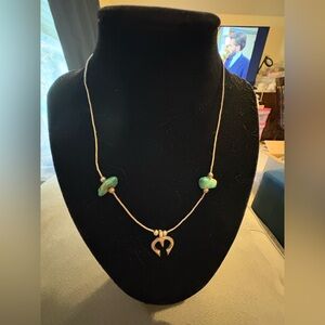 Liquid Silver Choker Necklace With Horseshoe Pendant And Turquoise Nuggets 14”